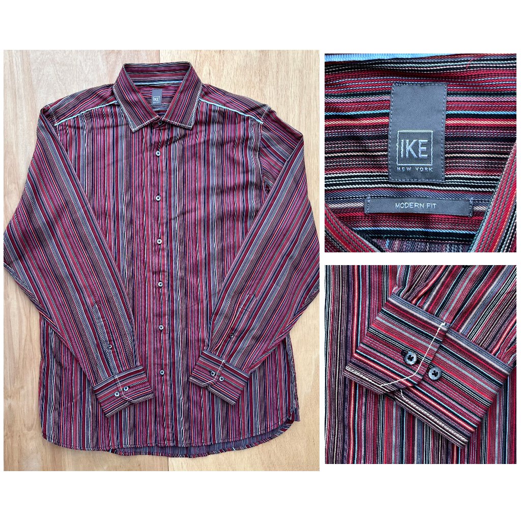 Ike New York Men’s Modern Fit Red Striped Long Sleeve Dress Shirt Sz L